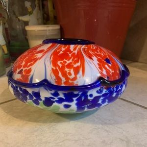 Hand Blown Round Glass Blue, Red, Green Swirl Vase Heavy 4 X 6 Midwestern Home